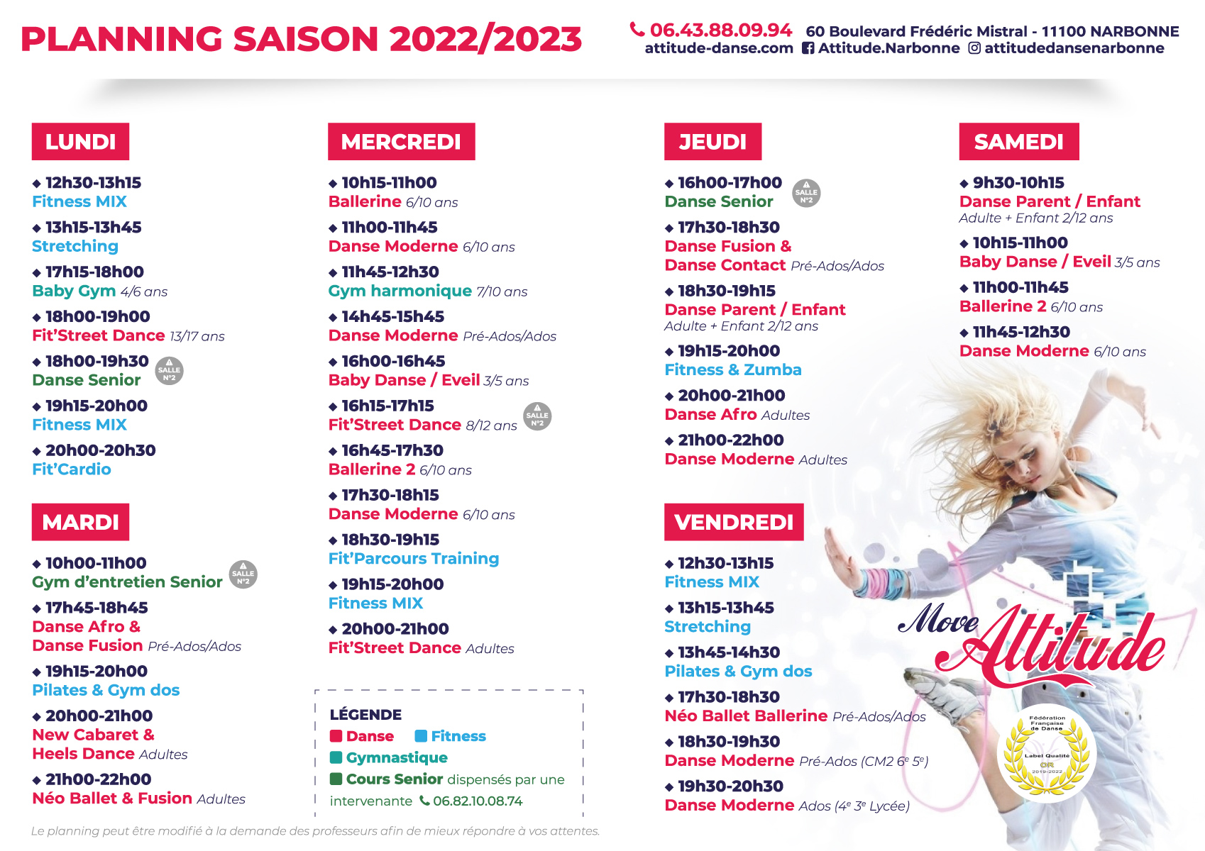 Planning Attitude Danse Narbonne 2022-2023