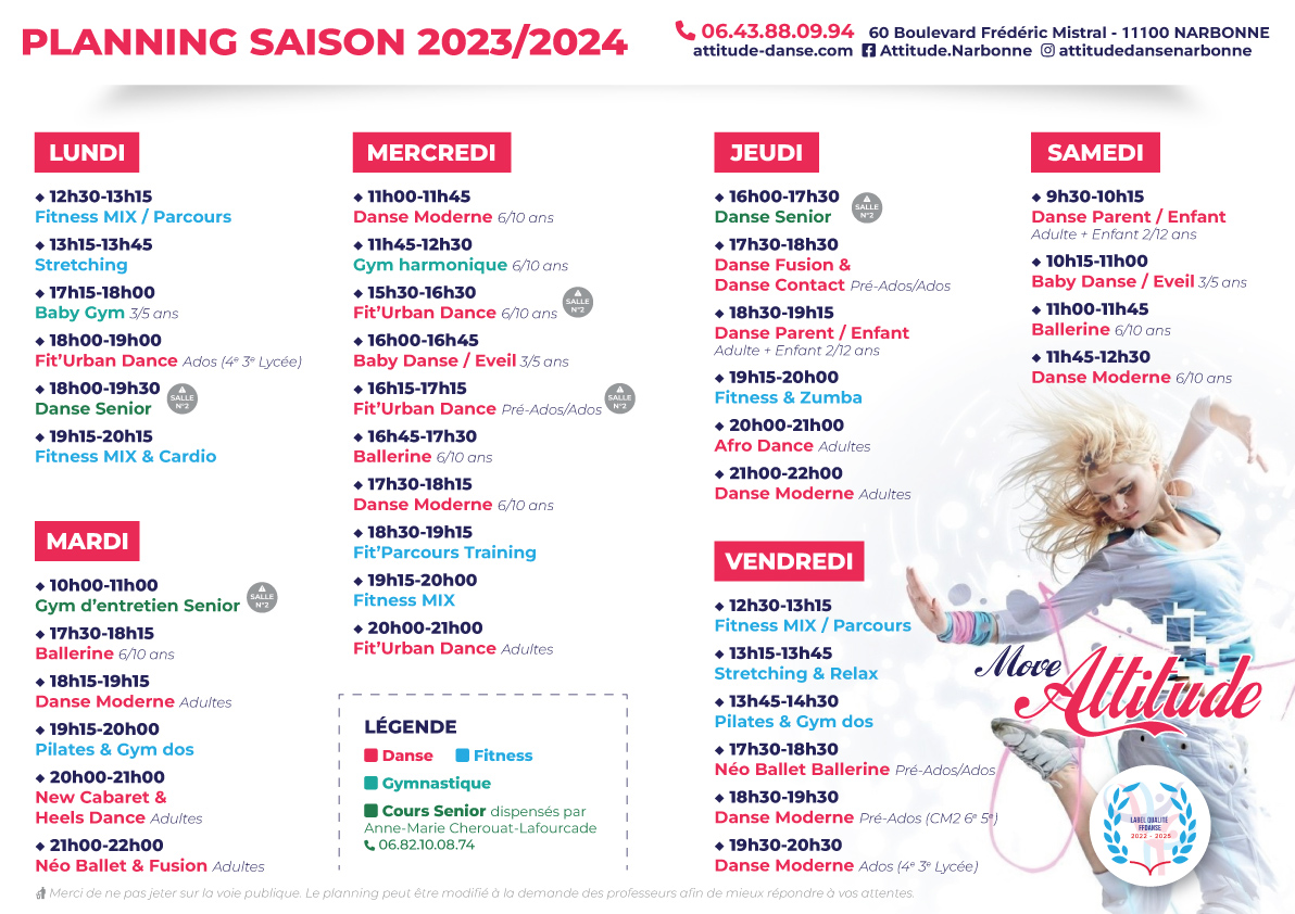 Attitude Danse Narbonne Planning des activités 2023